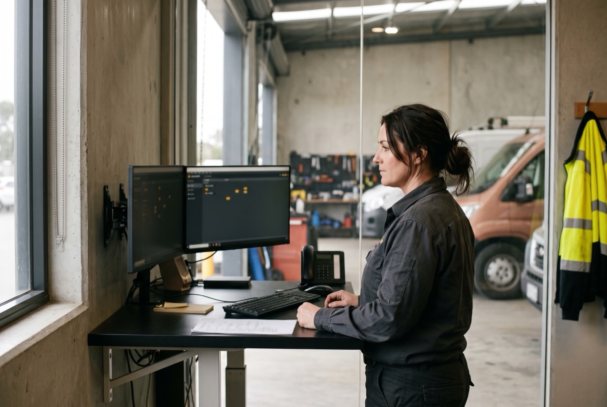 A dispatcher at a standing desk works through the Copperline board on two monitors, with a service van and the workshop visible through the glass behind her.
