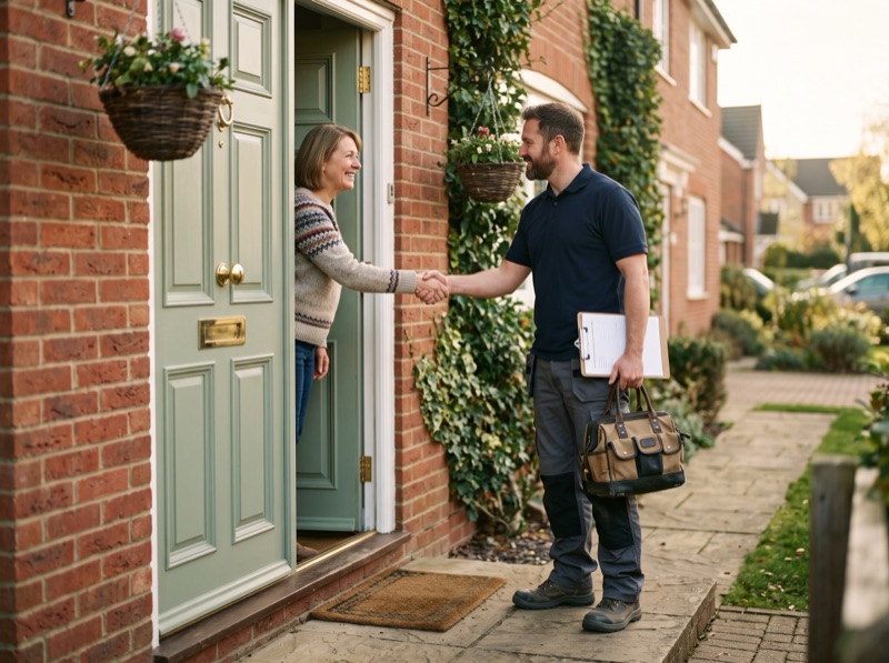 An engineer shakes hands with a customer at her front door, a clipboard under his arm and his bag in his hand.