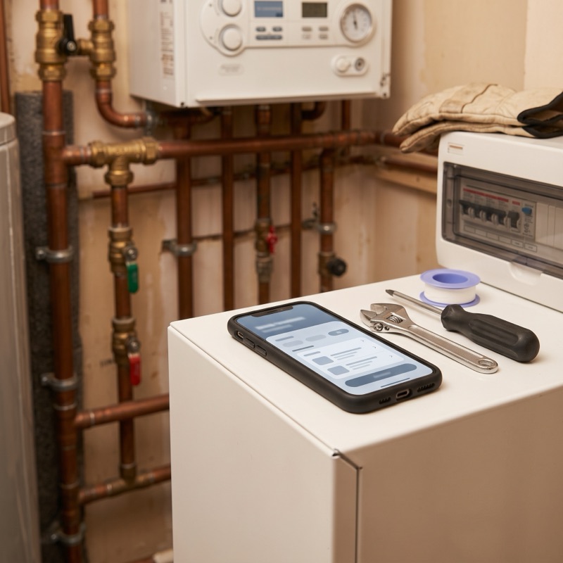 A phone lies on a white unit in a plant room showing a filled-in job form, with a spanner and a screwdriver beside it.