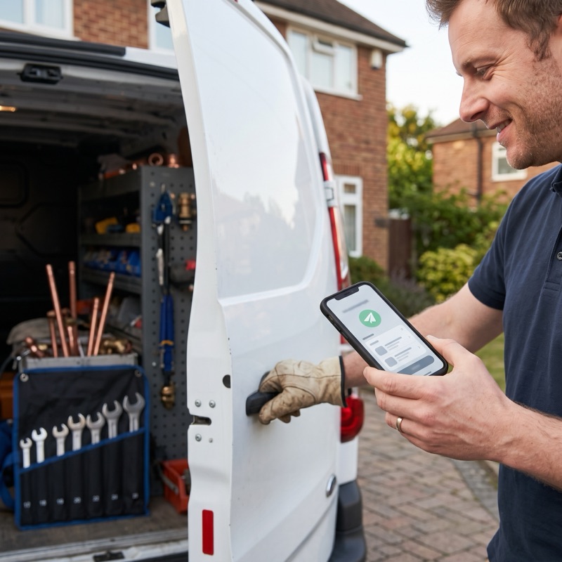 An engineer stands at the open doors of his van, smiling at his phone, which shows a green tick confirming something has been sent.